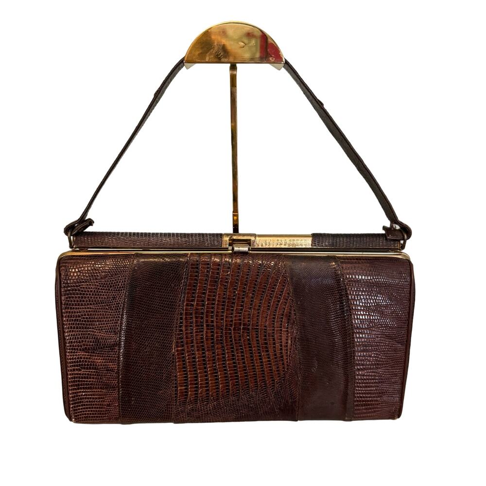 Vintage Lizard Skin Handbag 1940s Baguette Top Handle Rectangular Leather Brown